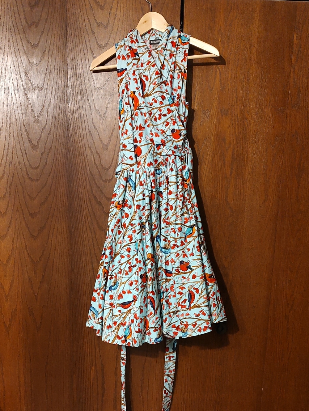 Retrolicious Light Blue Midi Dress with Coral and Teal Bird Print